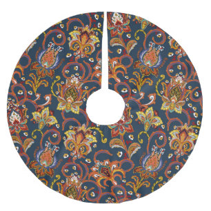 Hand Drawn Flowers: Colourful Navy Pattern Brushed Polyester Tree Skirt