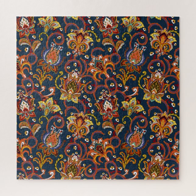 Hand Drawn Flowers: Colourful Navy Pattern Jigsaw Puzzle (Vertical)