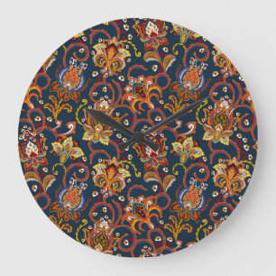 Hand Drawn Flowers: Colourful Navy Pattern Large Clock