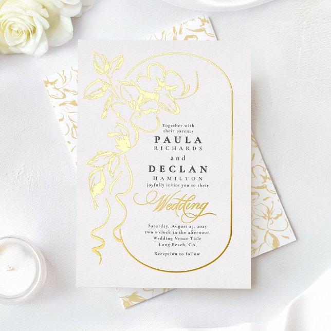 Hand-drawn Flowers Elegant White Wedding (Gold Foil Wedding Invitation)