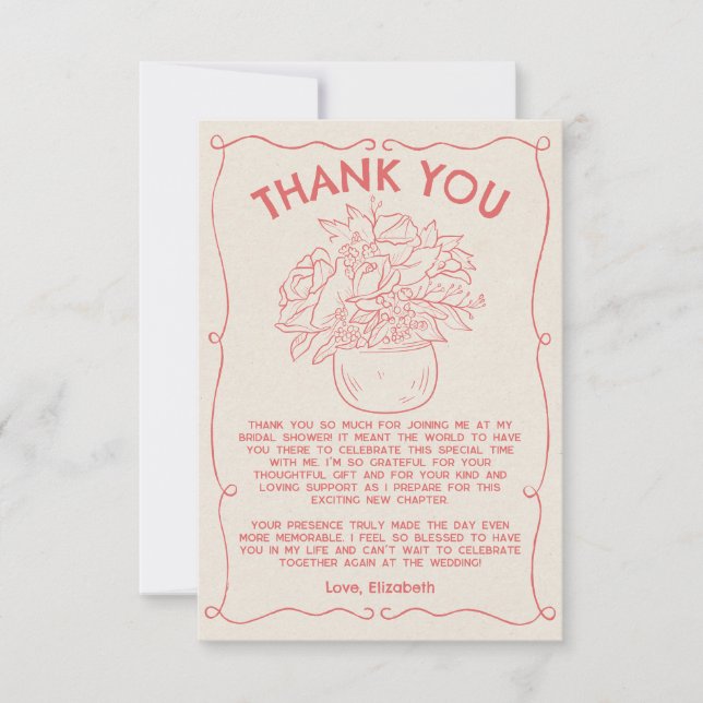 Hand Drawn Flowers Frame Coral Red Thank You Card (Front)