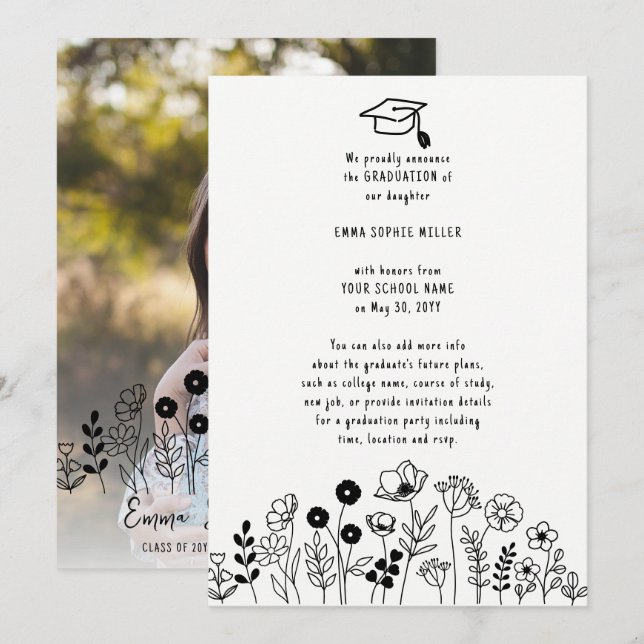 Hand drawn flowers Graduation Announcement (Front/Back)