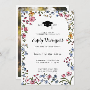 Hand drawn flowers Graduation photo on back  Invitation