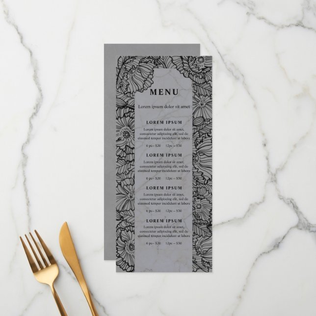 hand drawn flowers, grey floral menu or price list (Front/Back In Situ)