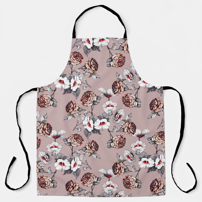 Hand-drawn flowers, pink watercolor pattern. apron (Front)