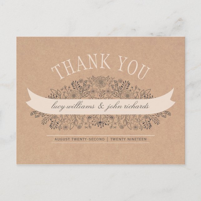 Hand Drawn Flowers | Rustic Floral Thank You Postcard (Front)