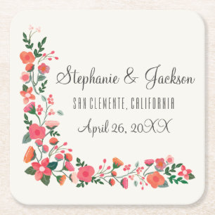 Hand Drawn Flowers Square Paper Coaster