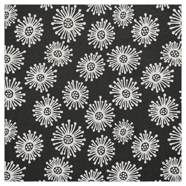 Hand Drawn Flowers - White on Black Fabric (Swatch)