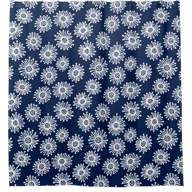Hand Drawn Flowers - White on Dark Blue 001744 Shower Curtain (Front)