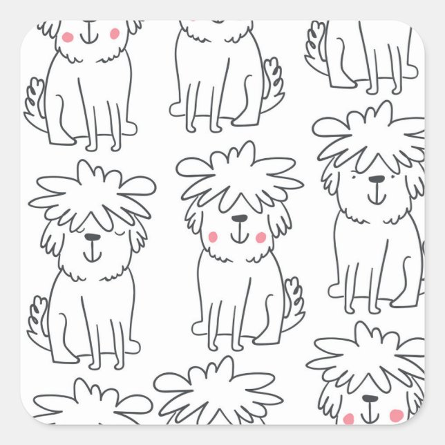 Hand-drawn fluffy dogs: vintage pattern. square sticker (Front)