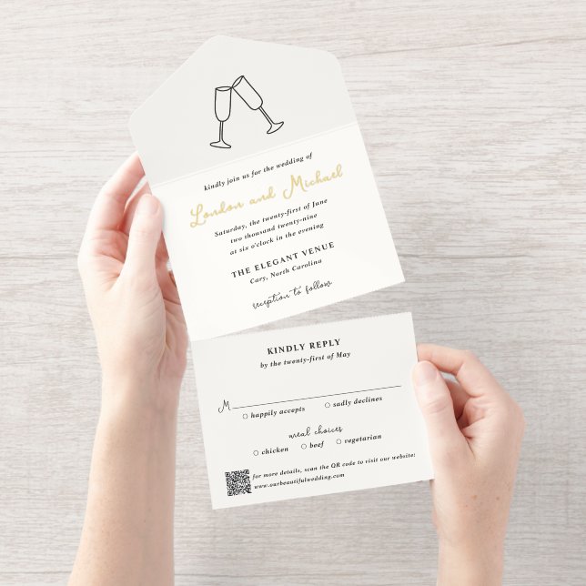 Hand Drawn Flutes Doodle QR Code Modern Wedding All In One Invitation (Tearaway)