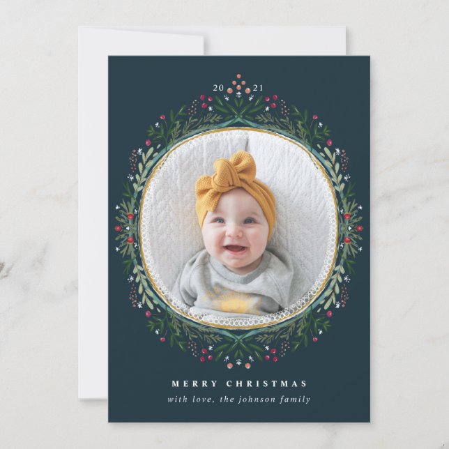 Hand-Drawn Folk Wildflower Wreath Christmas Photo Holiday Card (Front)