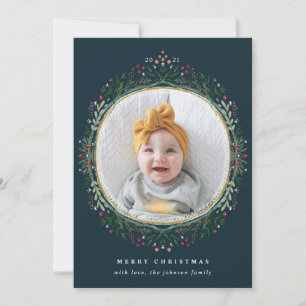 Hand-Drawn Folk Wildflower Wreath Christmas Photo Holiday Card