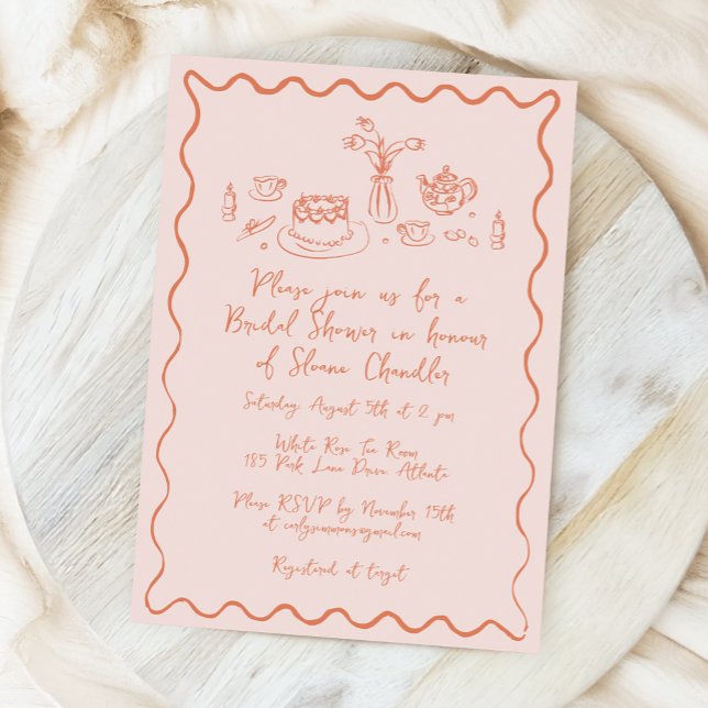 Hand Drawn Food and Drinks Doodles Bridal Brunch Invitation (whimsical food and drink doodles bridal shower invitation in light peach)