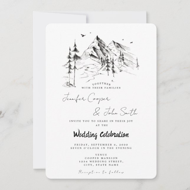Hand-drawn Forest & Mountain Destination Wedding Invitation (Front)