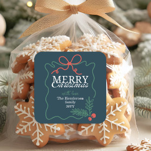 Hand-drawn frame teal blue Merry Christmas Square Sticker