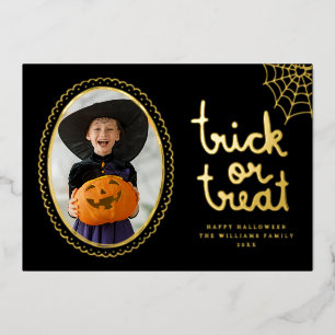 Hand Drawn Frame Trick Or Treat Halloween Photo Fo Foil Holiday Card