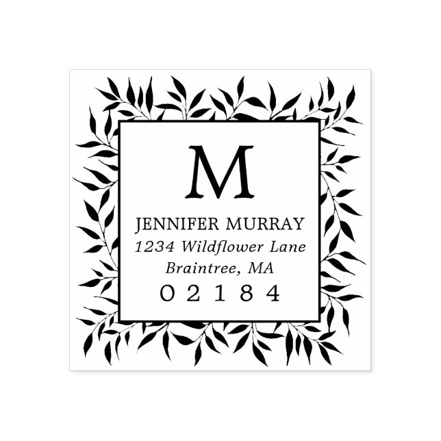 Hand Drawn Framed Laurel Leaves Monogram Address Rubber Stamp (Imprint)