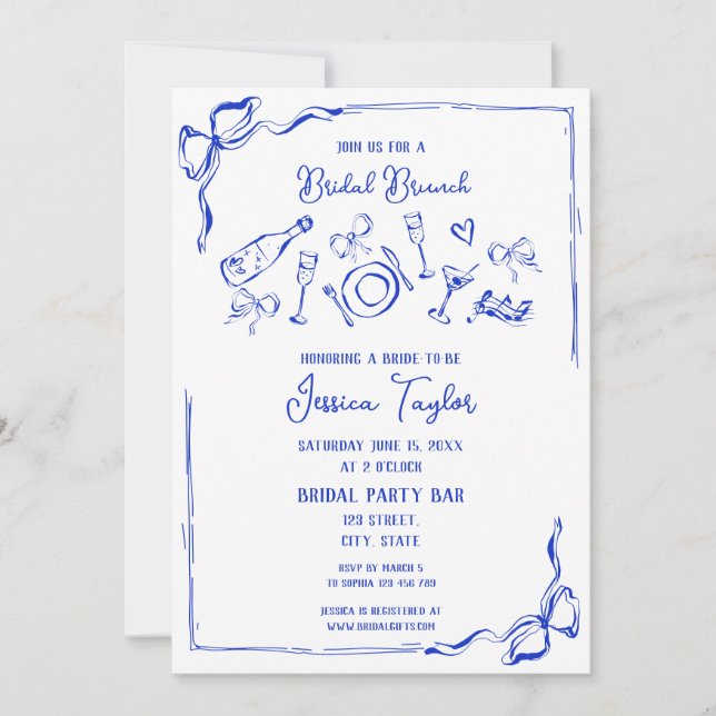 Hand Drawn French Blue Bridal Brunch French Bow In Invitation (Front)