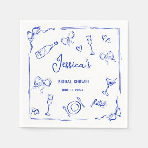 Hand Drawn French Blue Bridal Brunch French Bow In Napkin