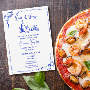 Hand Drawn French Blue Bridal Brunch Love & Pizza Invitation