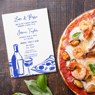 Hand Drawn French Blue Bridal Brunch Love & Pizza Invitation
