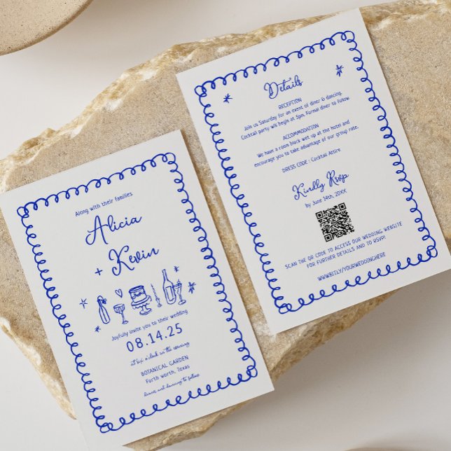 Hand Drawn French Blue Fun Wedding Invitations (Creator Uploaded)