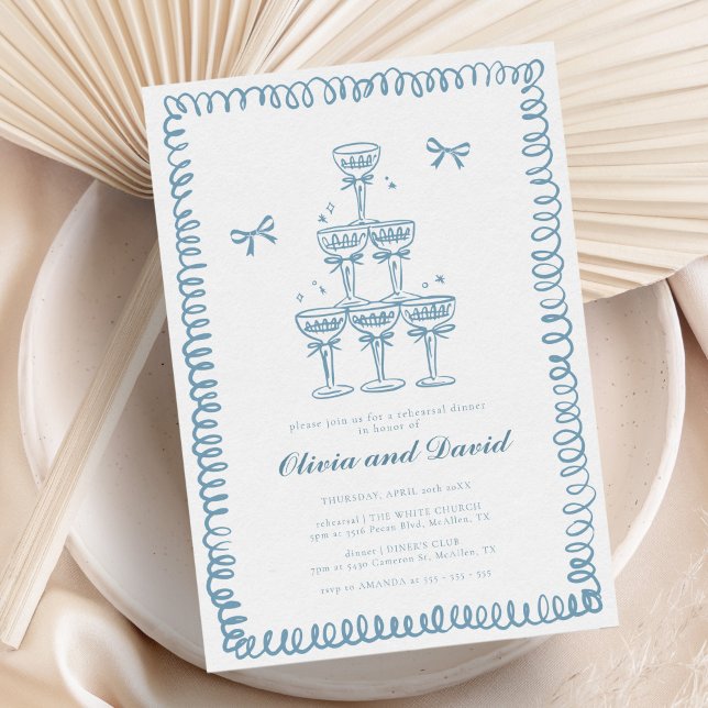 Hand Drawn French Blue Rehearsal Dinner Wedding Invitation (Creator Uploaded)