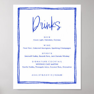 Hand Drawn French Blue Wedding Bar Drinks Poster