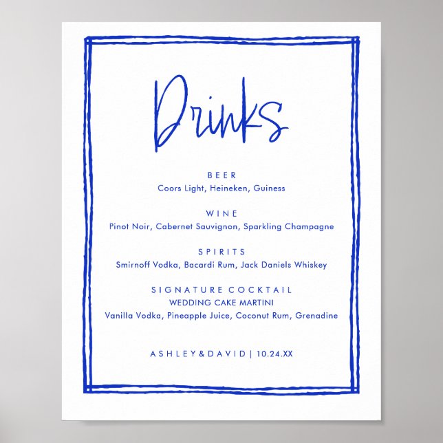 Hand Drawn French Blue Wedding Bar Drinks Poster (Front)