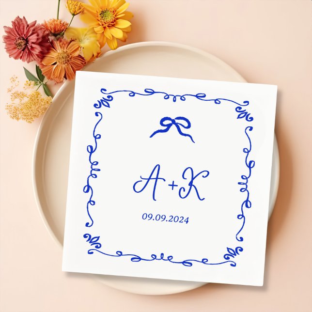 Hand Drawn French Blue Wedding Monogram Napkin (Creator Uploaded)