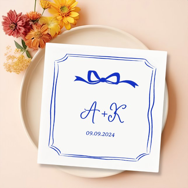 Hand Drawn French Blue Wedding Monogram Napkin (Creator Uploaded)