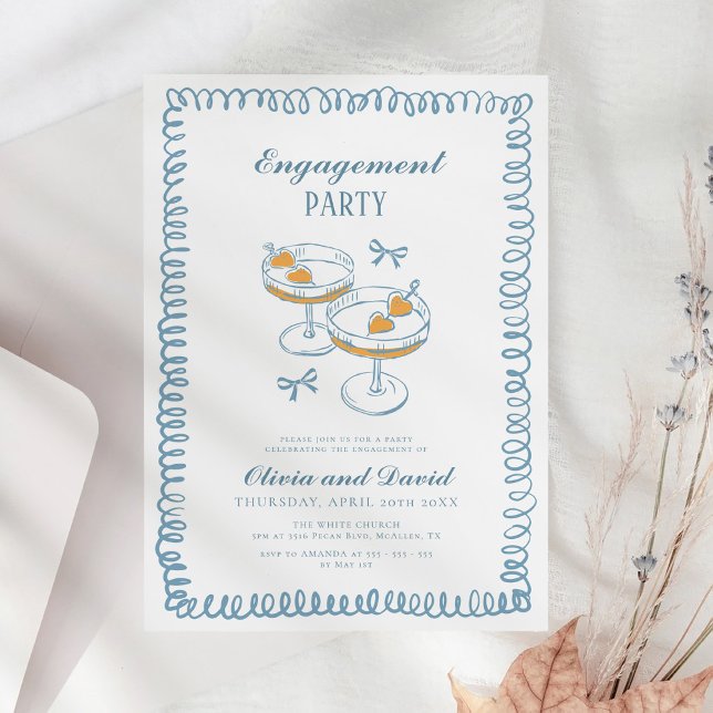 Hand Drawn French Blue Whimsical Engagement Party Invitation (Creator Uploaded)