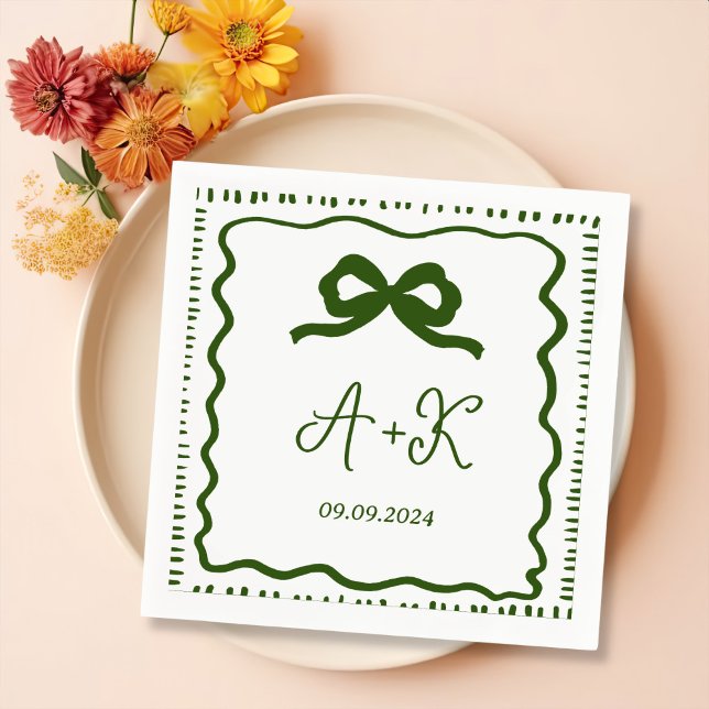 Hand Drawn French Green Wedding Monogram Napkin (Creator Uploaded)