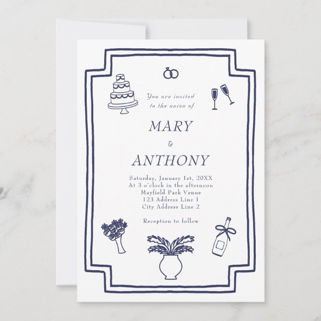 Hand drawn French Illustrated Wedding Invitation (Front)