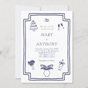 Hand drawn French Illustrated Wedding Invitation