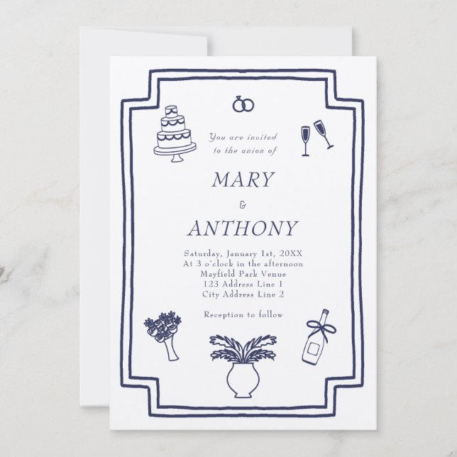 Hand drawn French Illustrated Wedding Invitation (Front)