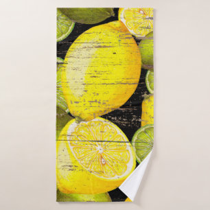 Hand drawn fresh lemon pattern on wood texture bath towel
