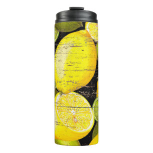 Hand drawn fresh lemon pattern on wood texture thermal tumbler