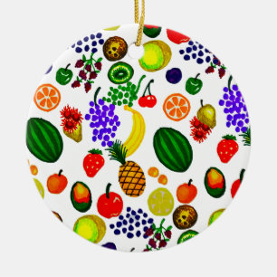 Hand Drawn Fruit Medley Pattern Ceramic Tree Decoration