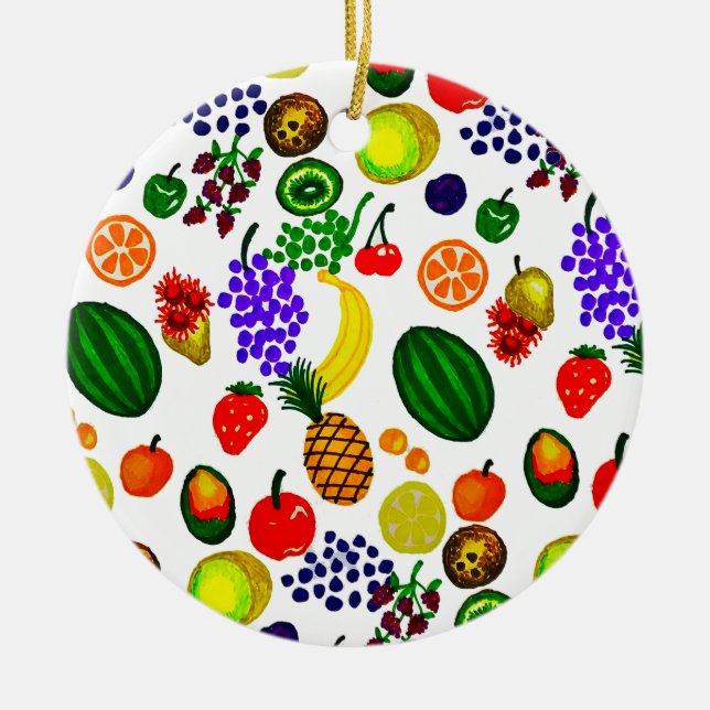 Hand Drawn Fruit Medley Pattern Ceramic Tree Decoration (Front)