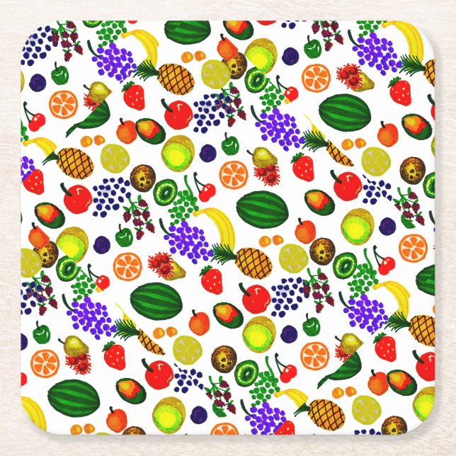 Hand Drawn Fruit Medley Pattern Square Paper Coaster (Front)