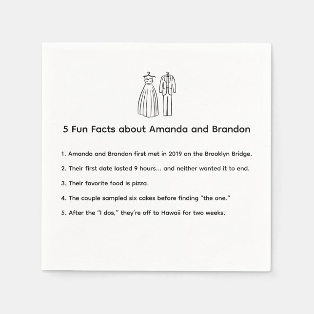  Hand Drawn Fun Facts Wedding Dress Tux Napkin (Front)