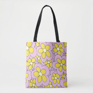 Hand drawn fun flower print yellow pink tote bag