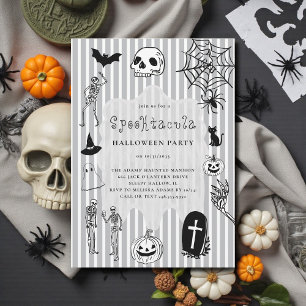 hand drawn fun Skeleton Pumpkin Spider Halloween Invitation