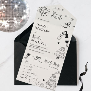 Hand Drawn Fun Whimsical French Vintage Wedding All In One Invitation