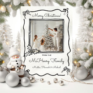 Hand drawn Funky Bow Holly Photo Merry Christmas Invitation