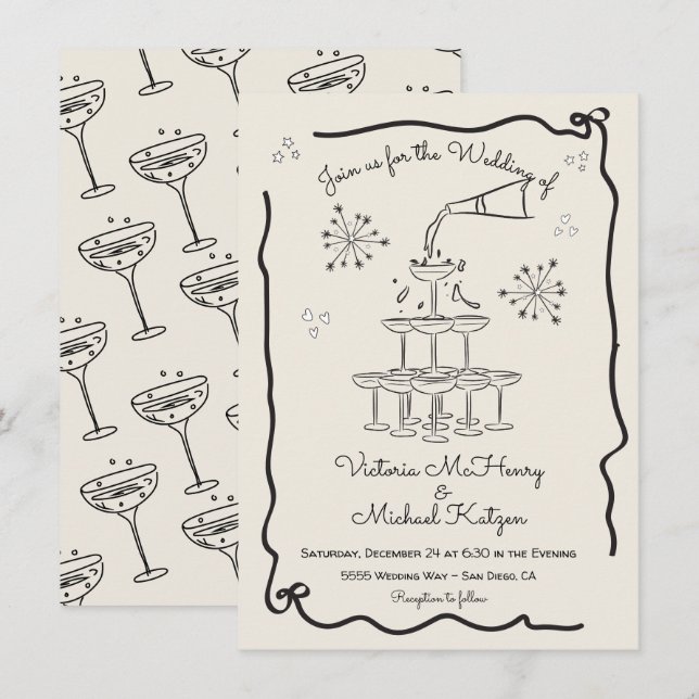 Hand drawn Funky Champagne tower Wedding Invitation (Front/Back)