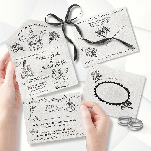 Hand Drawn funky Chapel doodle wedding All In One Invitation (Creator Uploaded)
