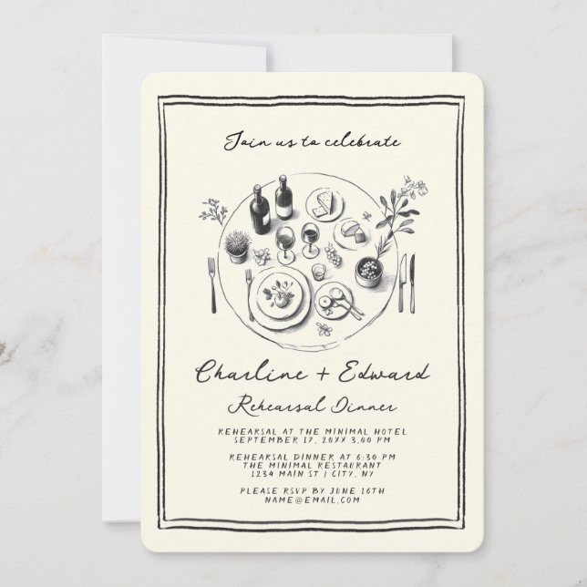 Hand Drawn Funky Drawing Rehearsal Dinner  Invitation (Front)